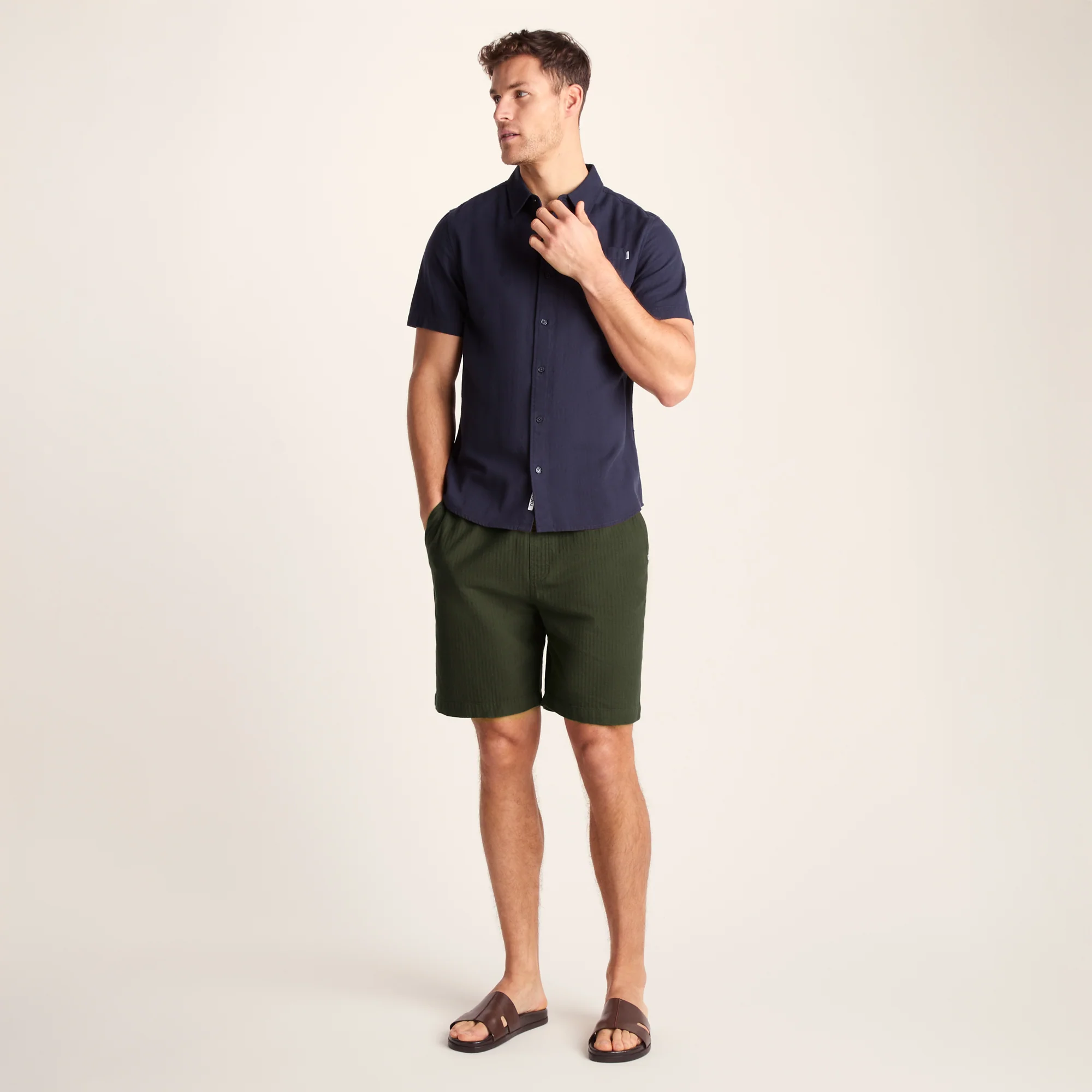 Allento Mens Relaxed Fit Herringbone Fabric Shorts - Dark Olive Green - Image 2