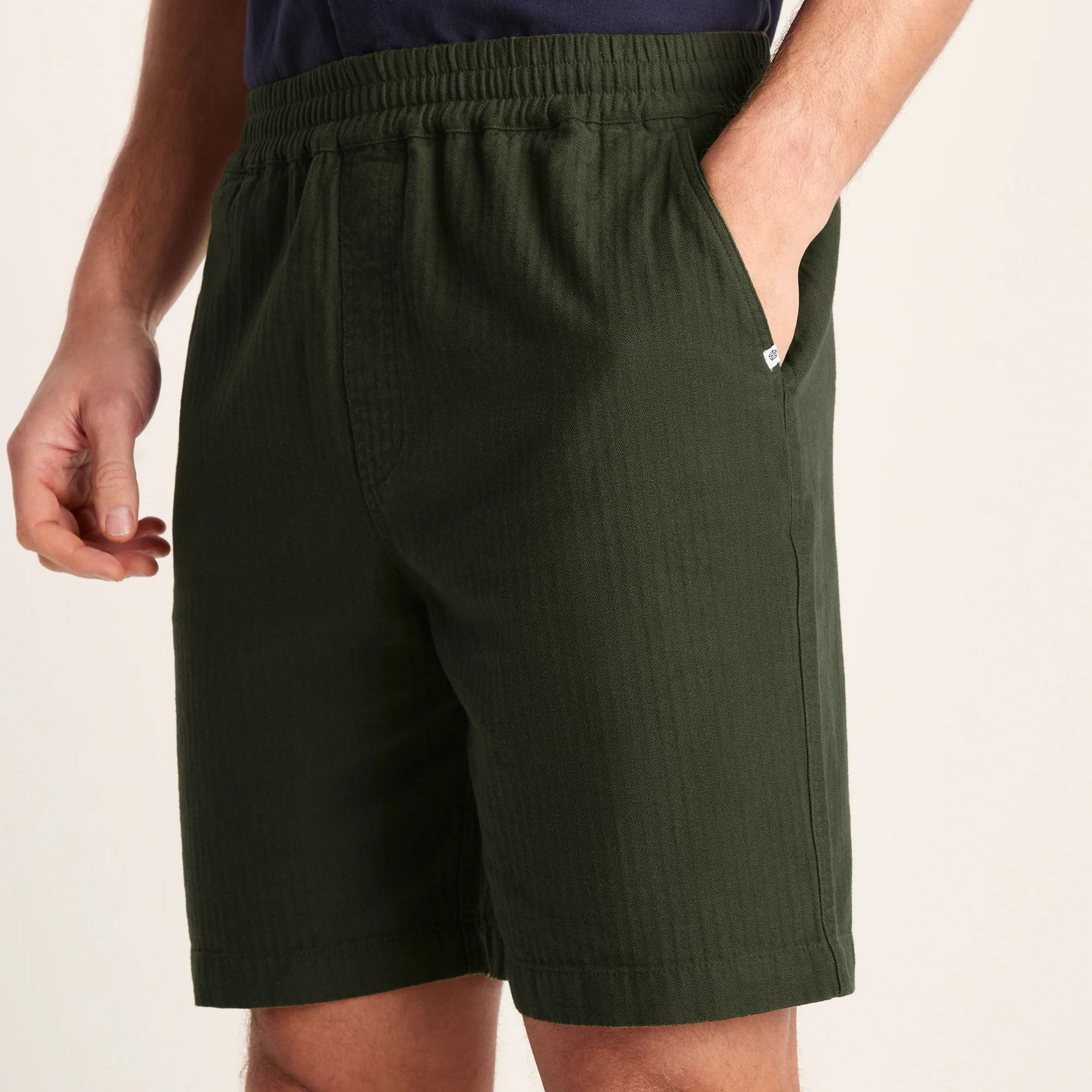 Allento Mens Relaxed Fit Herringbone Fabric Shorts - Dark Olive Green - Image 5