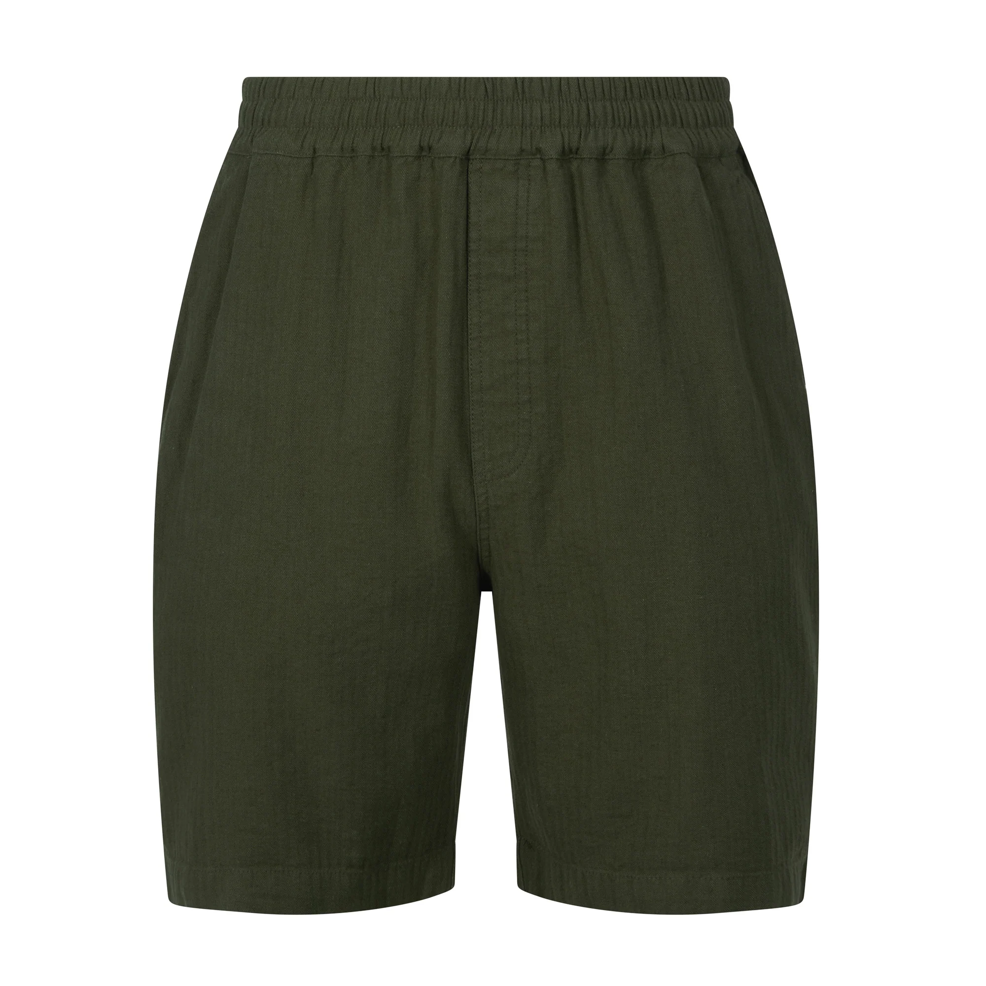 Allento Mens Relaxed Fit Herringbone Fabric Shorts - Dark Olive Green - Image 6