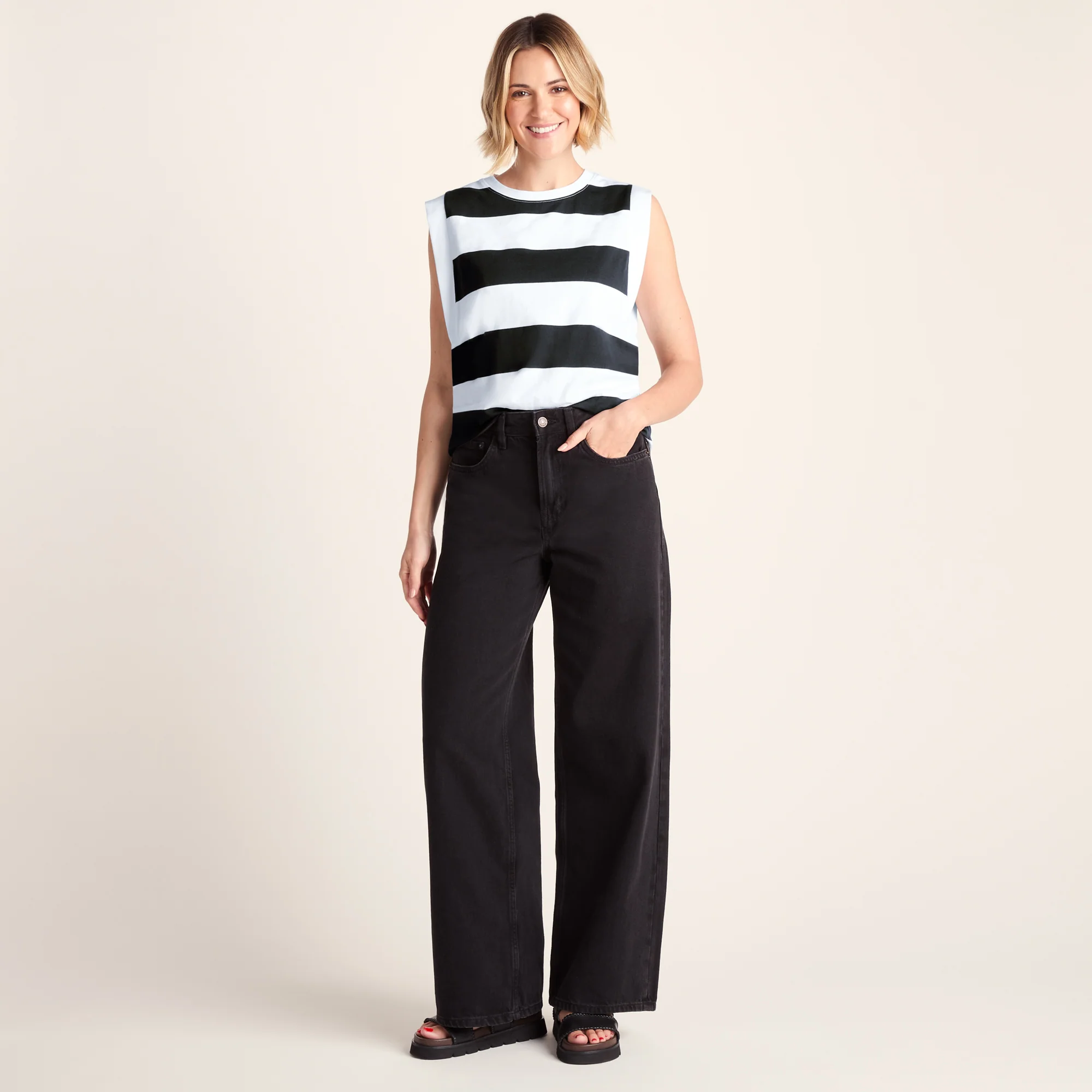 Aurelia Womens 100% Cotton Supersoft Boxy Fit Vest - Washed Black Stripe - Image 2