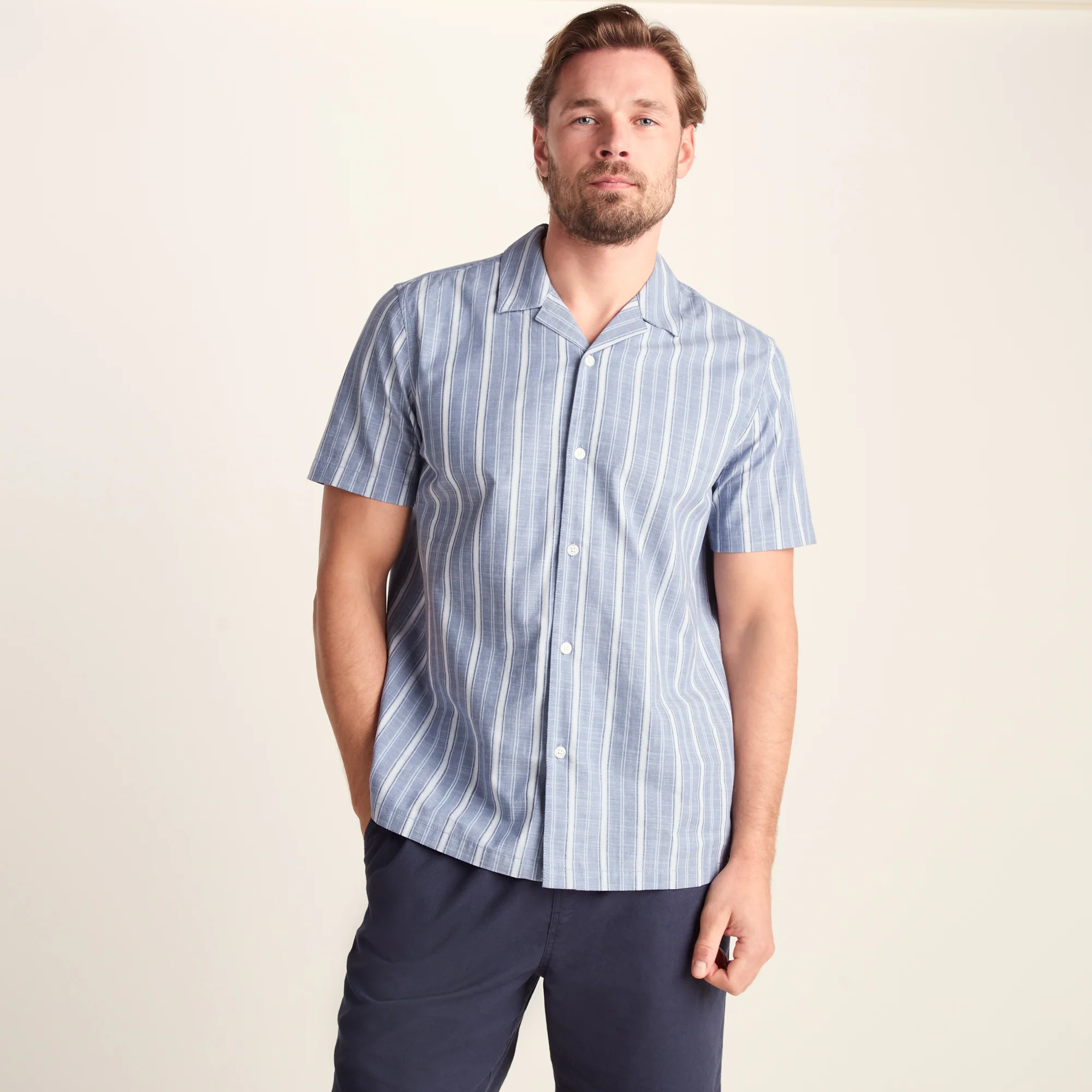 Boldon Mens 100% Cotton Supersoft Short Sleeve Shirt - Light Blue Stripe