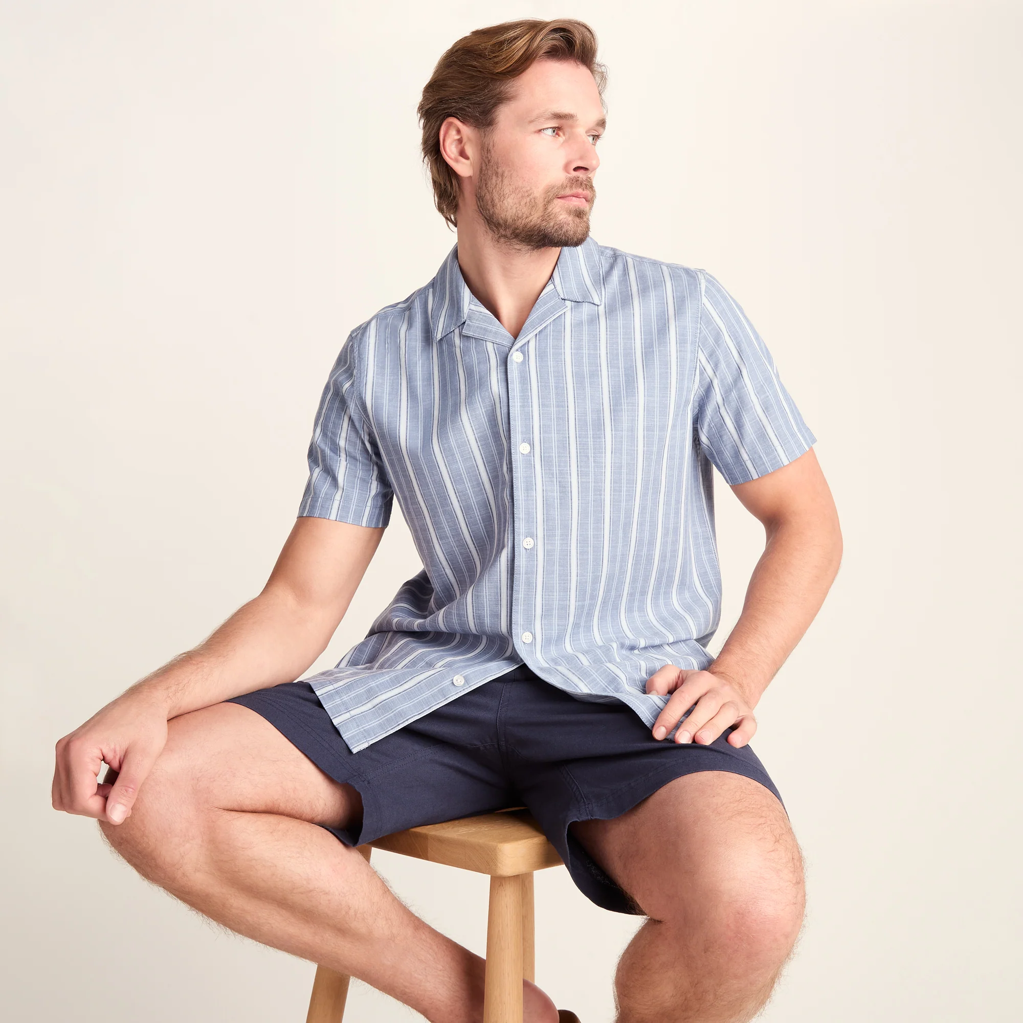 Boldon Mens 100% Cotton Supersoft Short Sleeve Shirt - Light Blue Stripe - Image 2