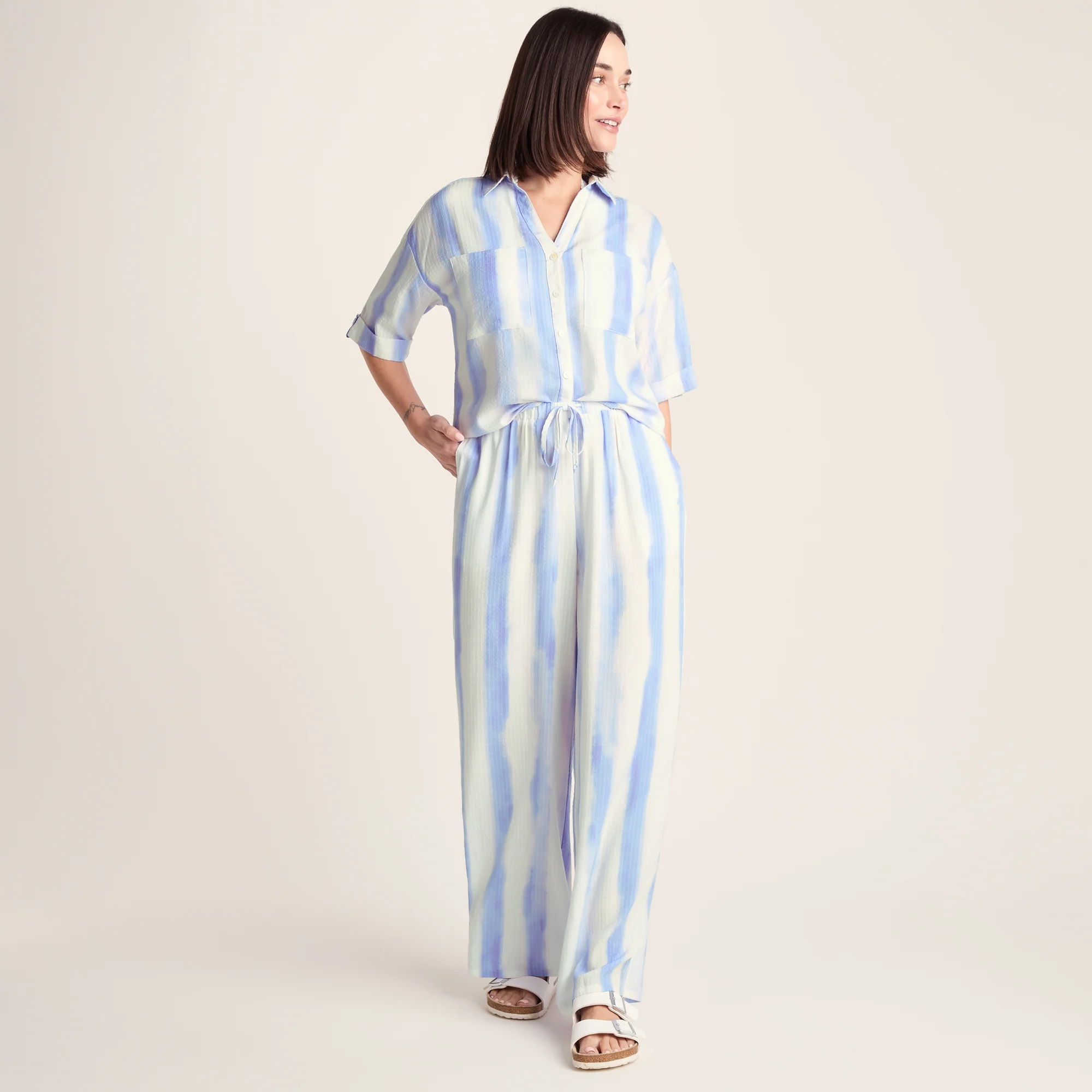 Christina Womens Wide Leg Lightweight Trousers - Blue Hues Print