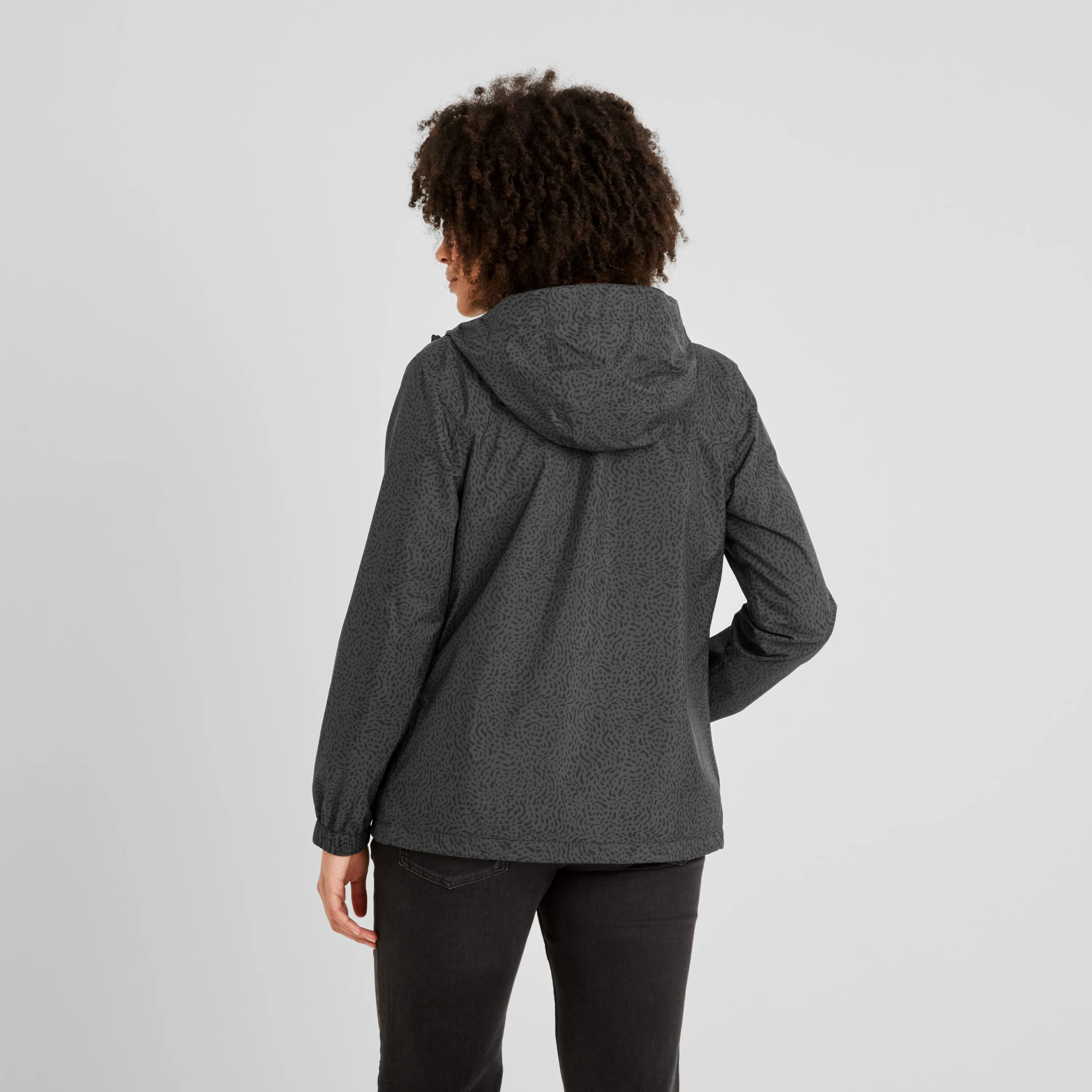 Craven Womens Waterproof Packaway Jacket - Washed Black Swirl Print - Image 2