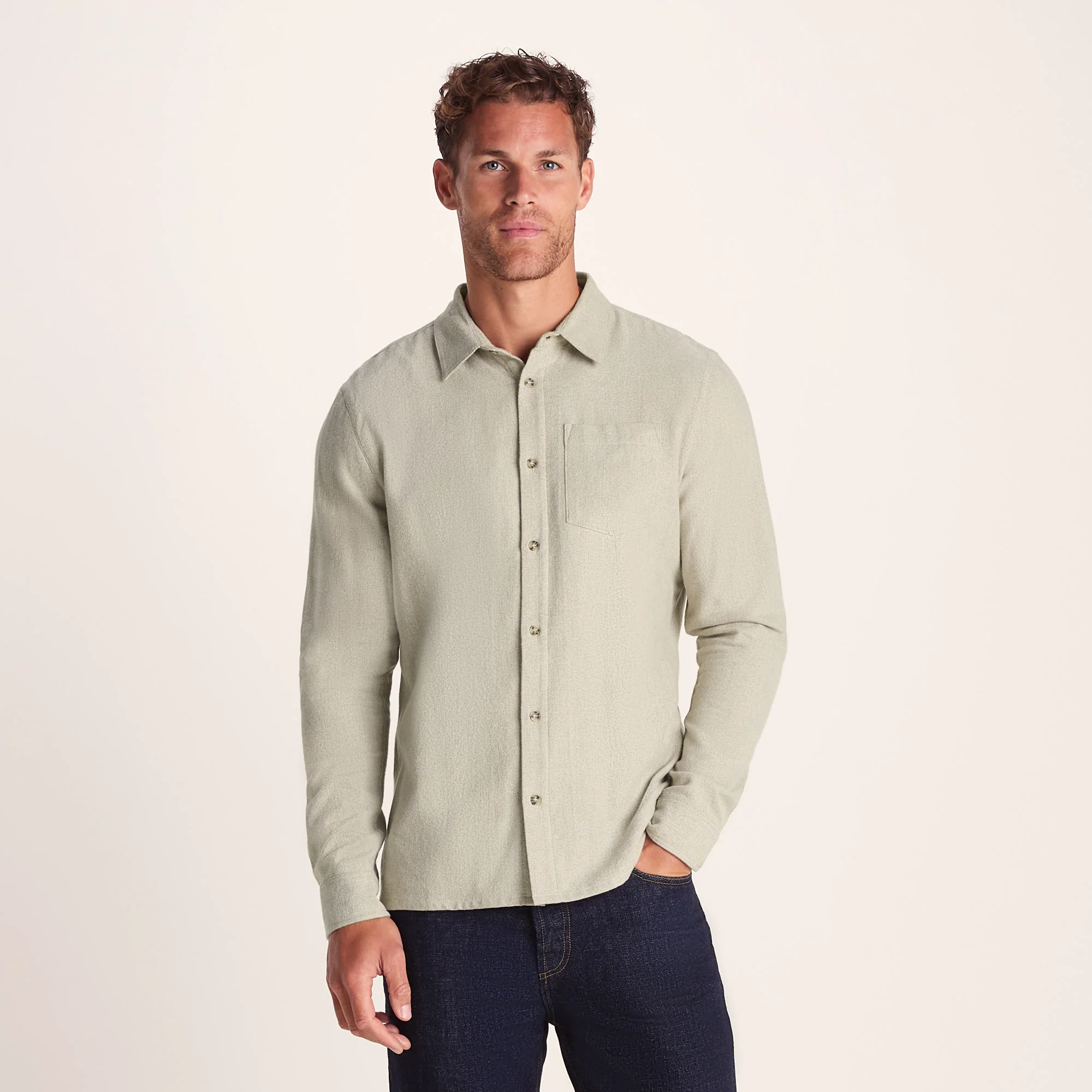 Draper Mens Long Sleeve Cotton Herringbone Shirt - Hazelnut - Image 2