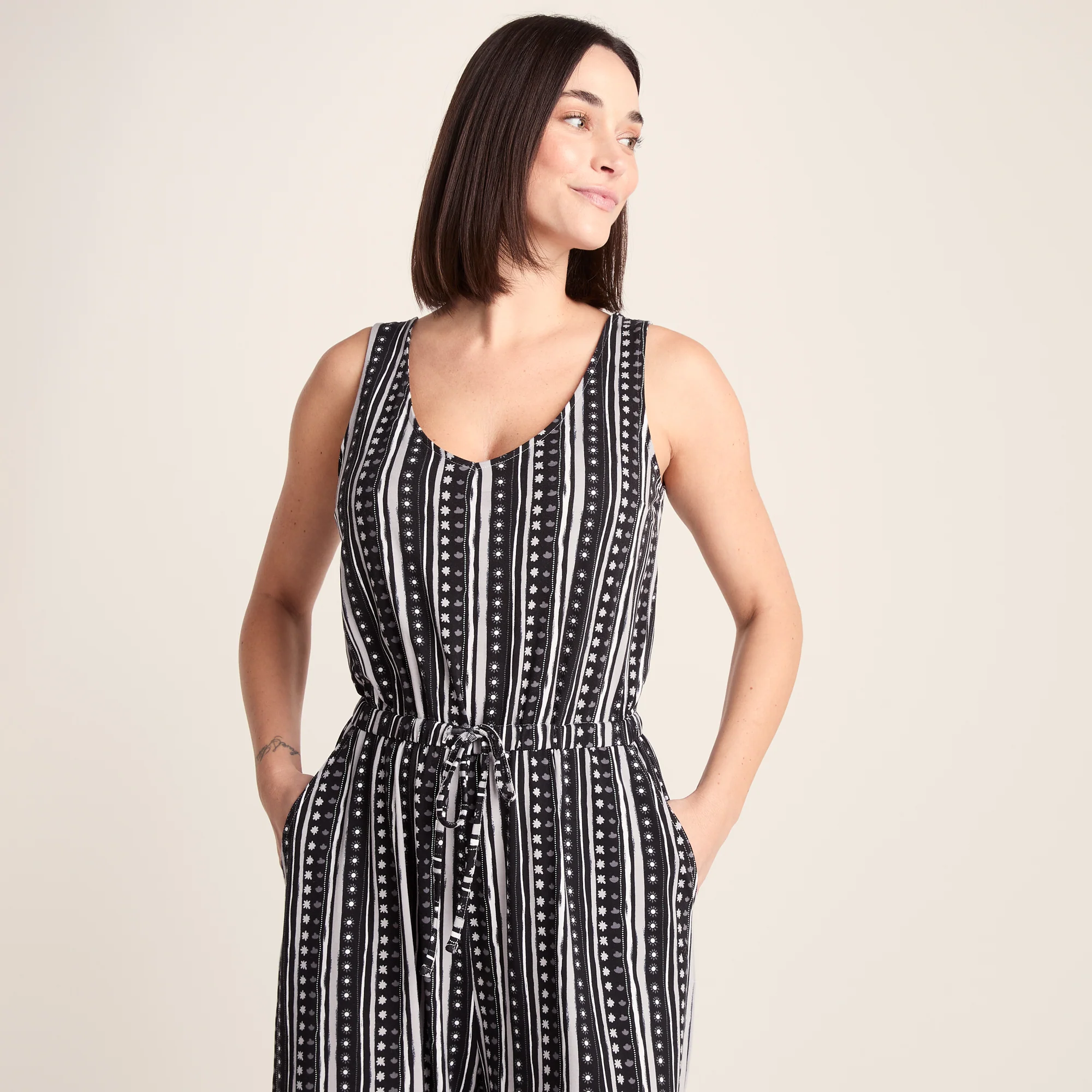 Emmie Womens Supersoft Jumpsuit - Black Doodle Stripe Print - Image 3