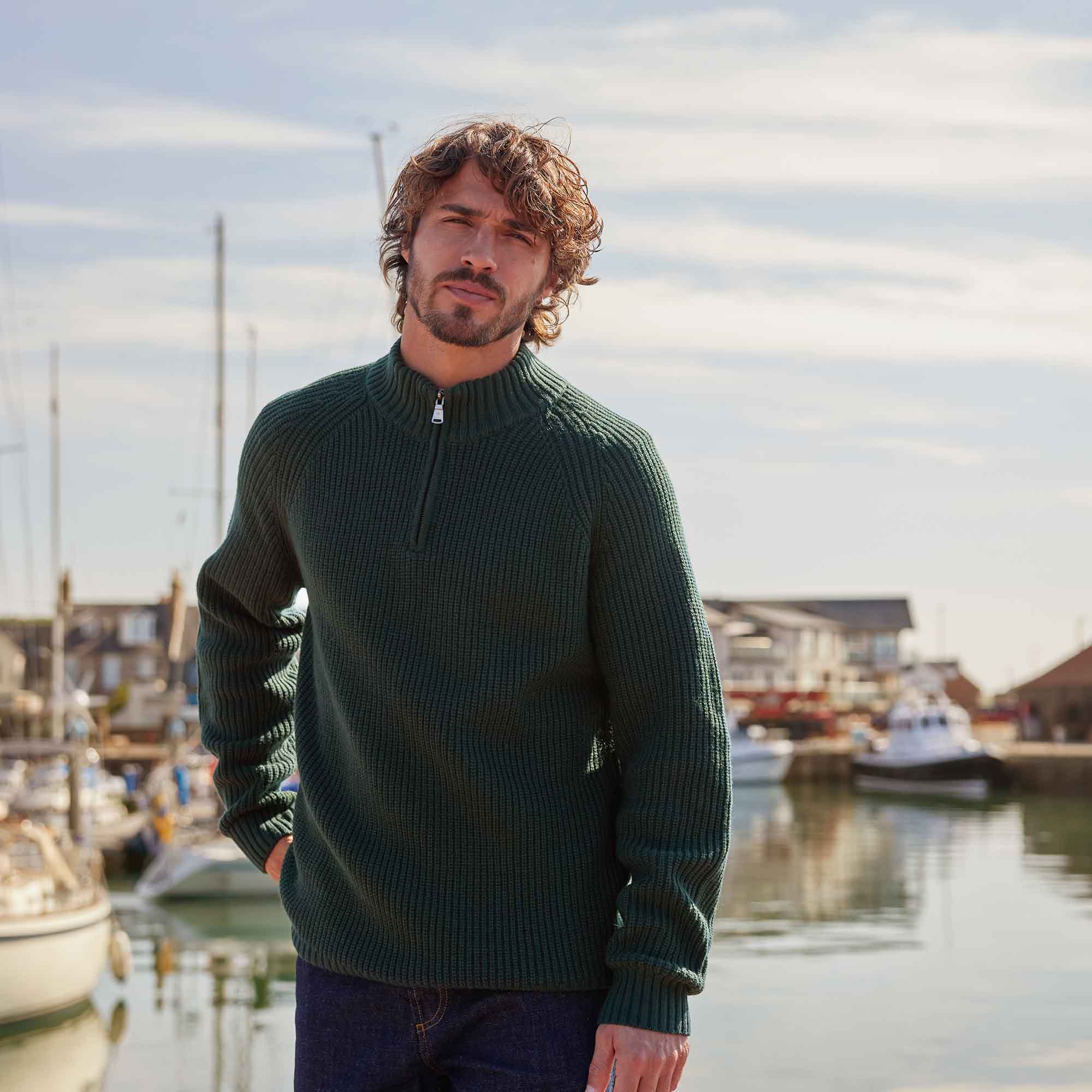 Glen Mens Chunky Knitted Zip Neck Jumper - Racing Green