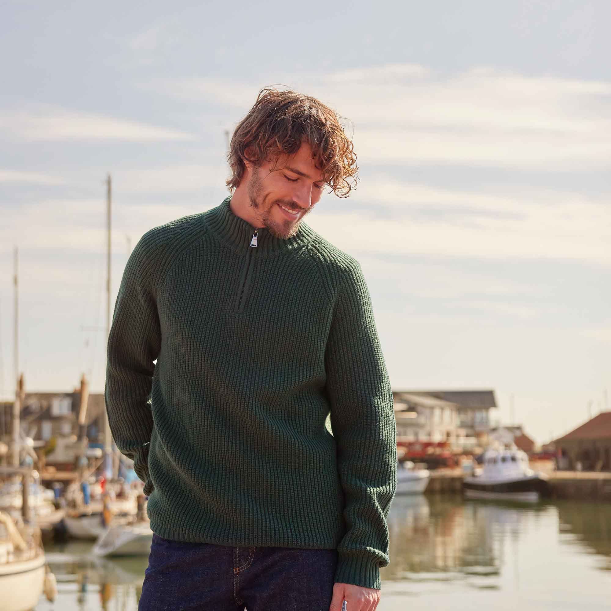 Glen Mens Chunky Knitted Zip Neck Jumper - Racing Green - Image 7