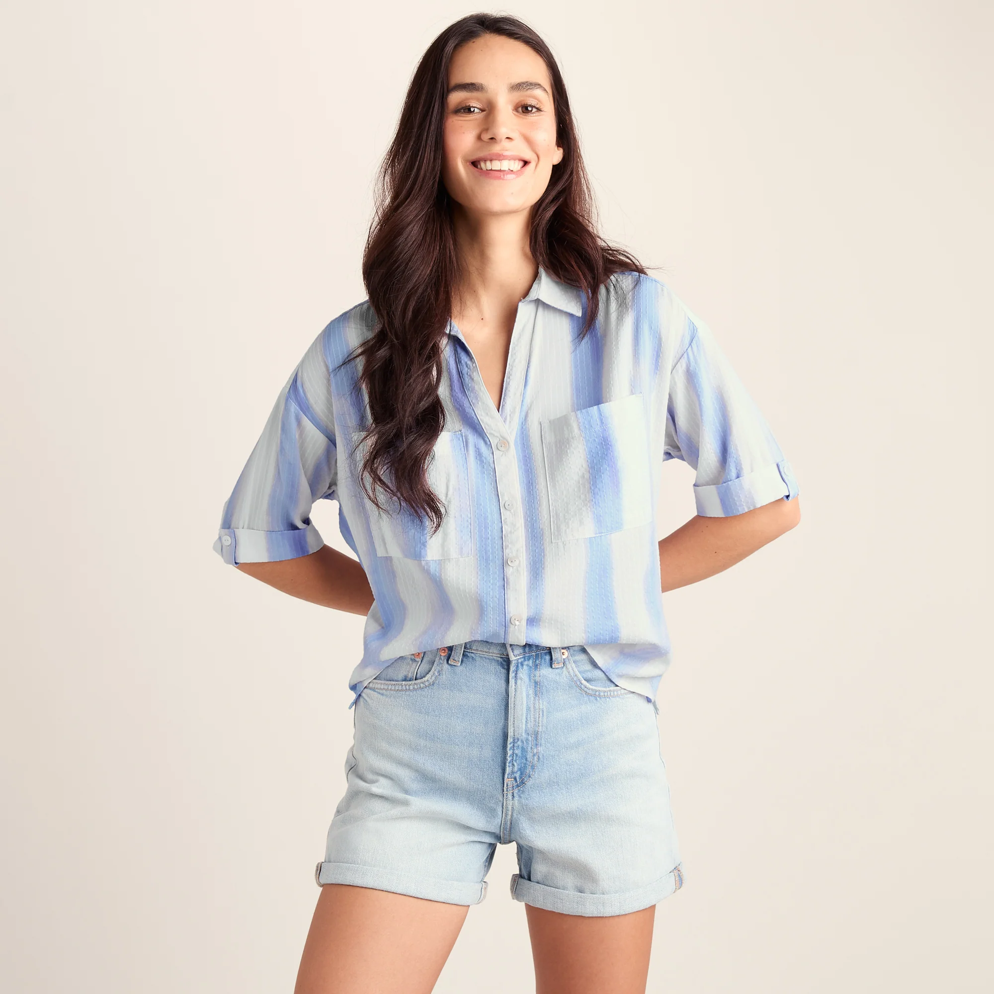 Julie Womens Short Sleeve Seersucker Blouse - Blue Hues Print