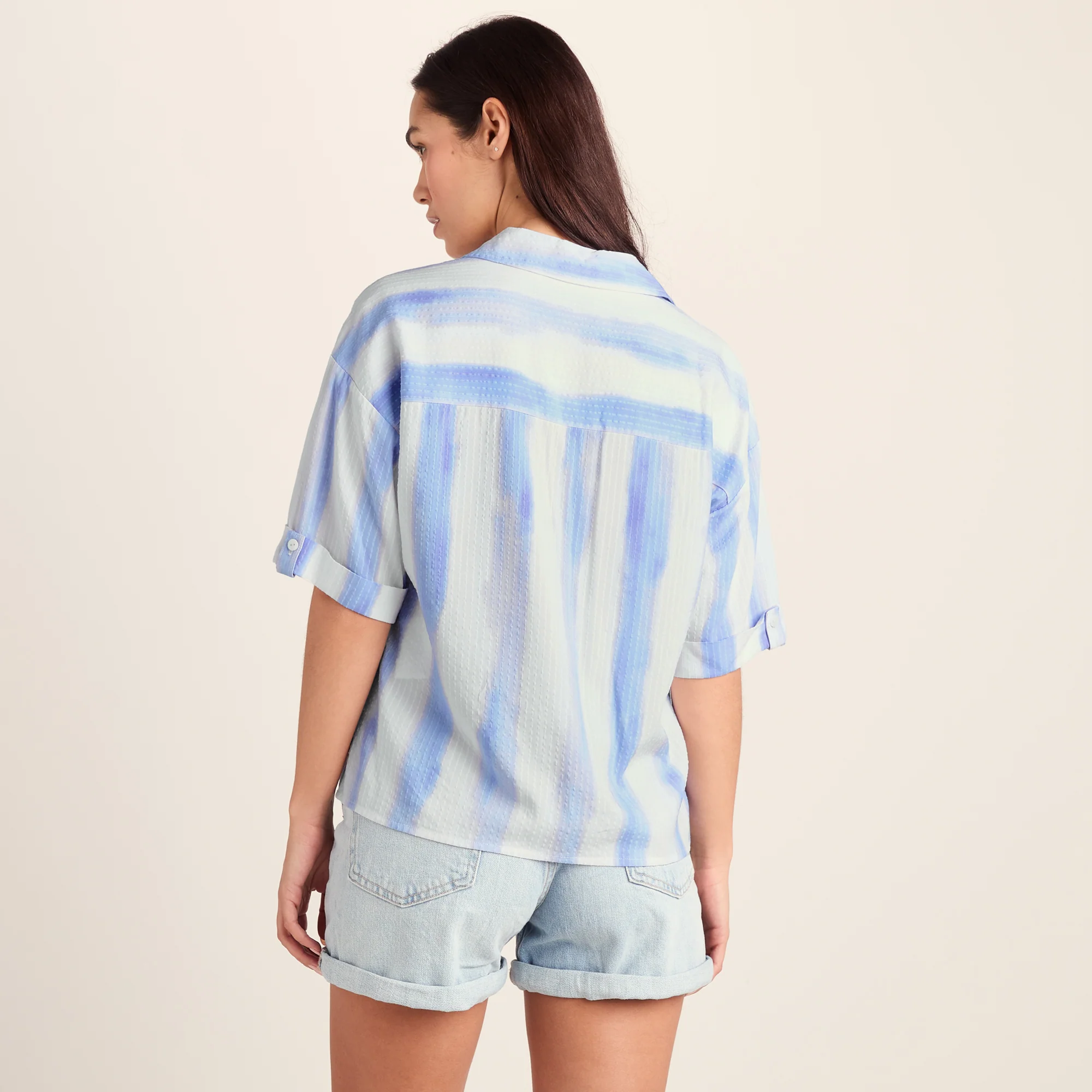 Julie Womens Short Sleeve Seersucker Blouse - Blue Hues Print - Image 3