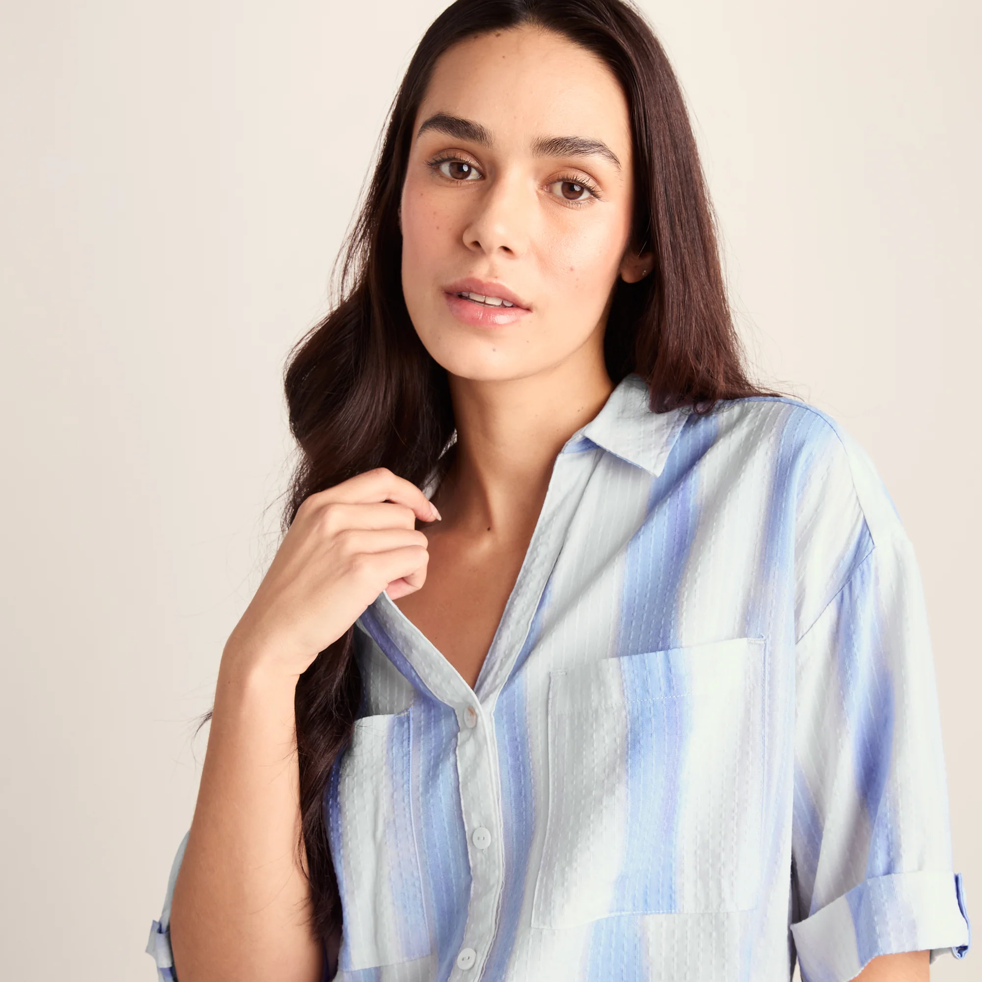Julie Womens Short Sleeve Seersucker Blouse - Blue Hues Print - Image 5
