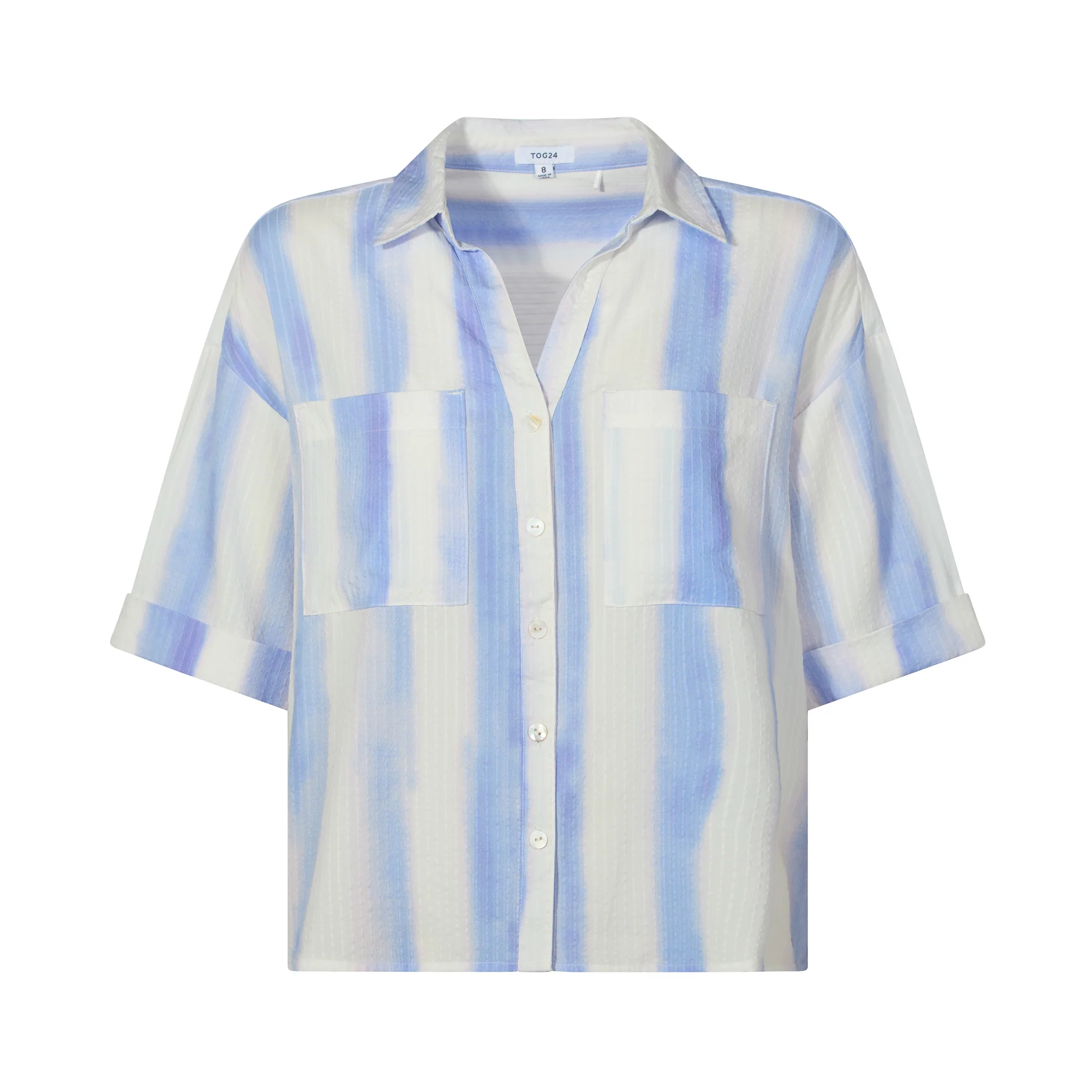 Julie Womens Short Sleeve Seersucker Blouse - Blue Hues Print - Image 7