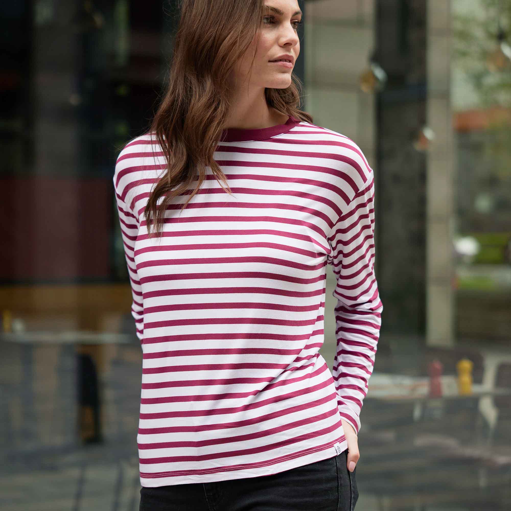 Kitty Womens Long Sleeve Striped T-Shirt - Washed Burgundy Stripe - Image 3