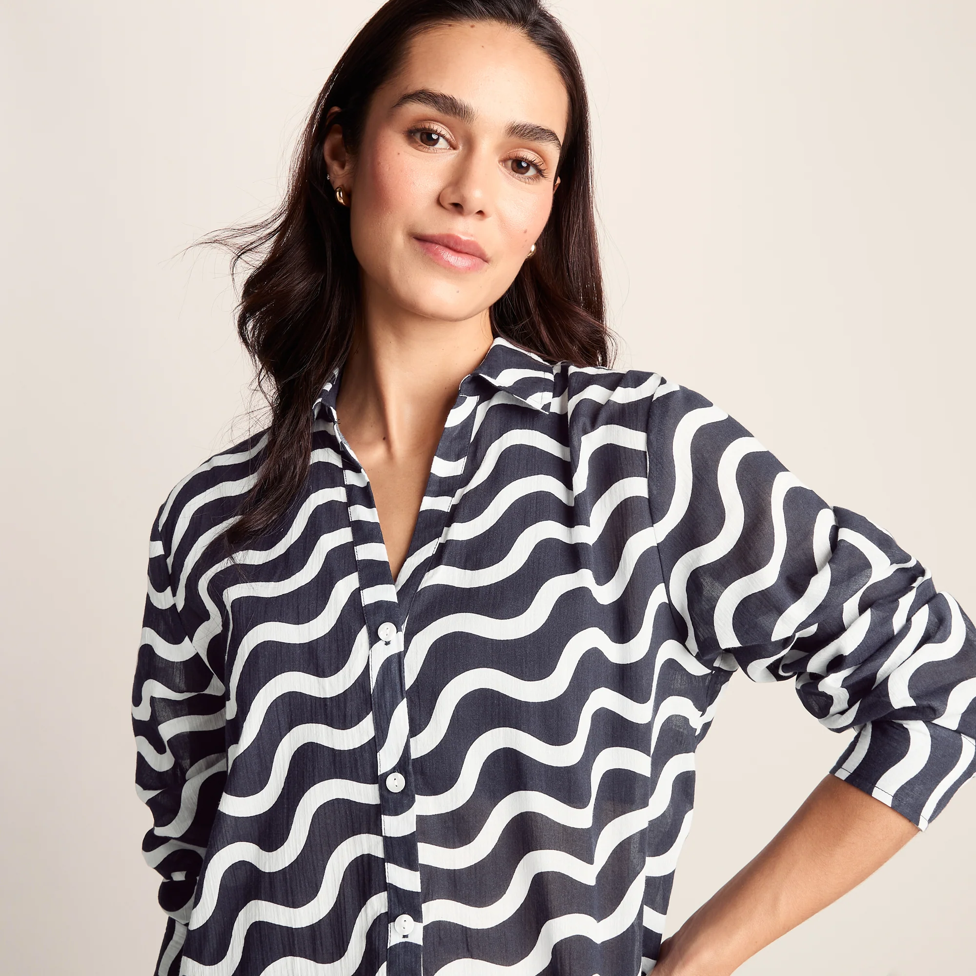 Kylie Womens Long Sleeve 100% Cotton Supersoft Shirt LS - Oxford Blue Wave Print - Image 5