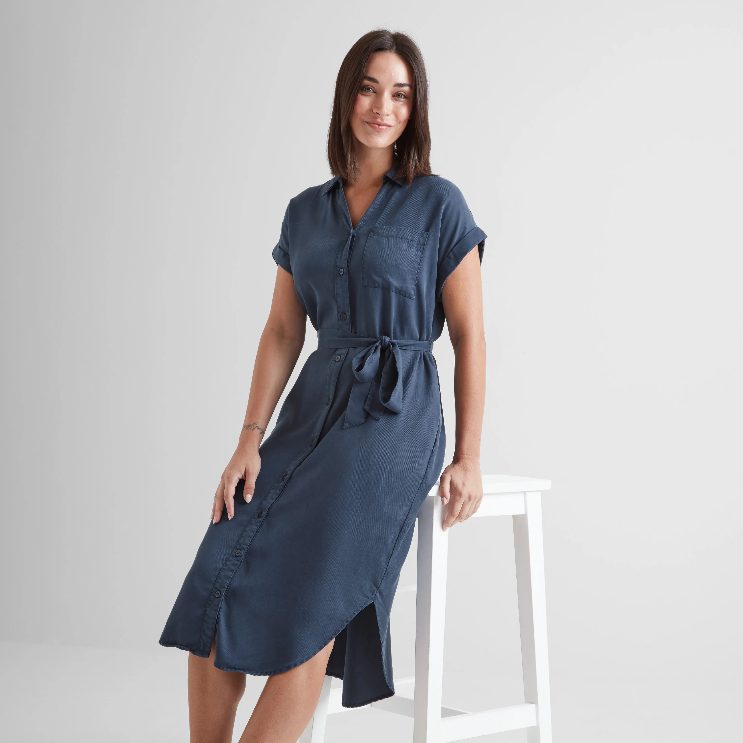 Lenira Womens Relaxed Fit Luxurious Tencel Lyocell Shirt Dress - Dark Denim - Image 4