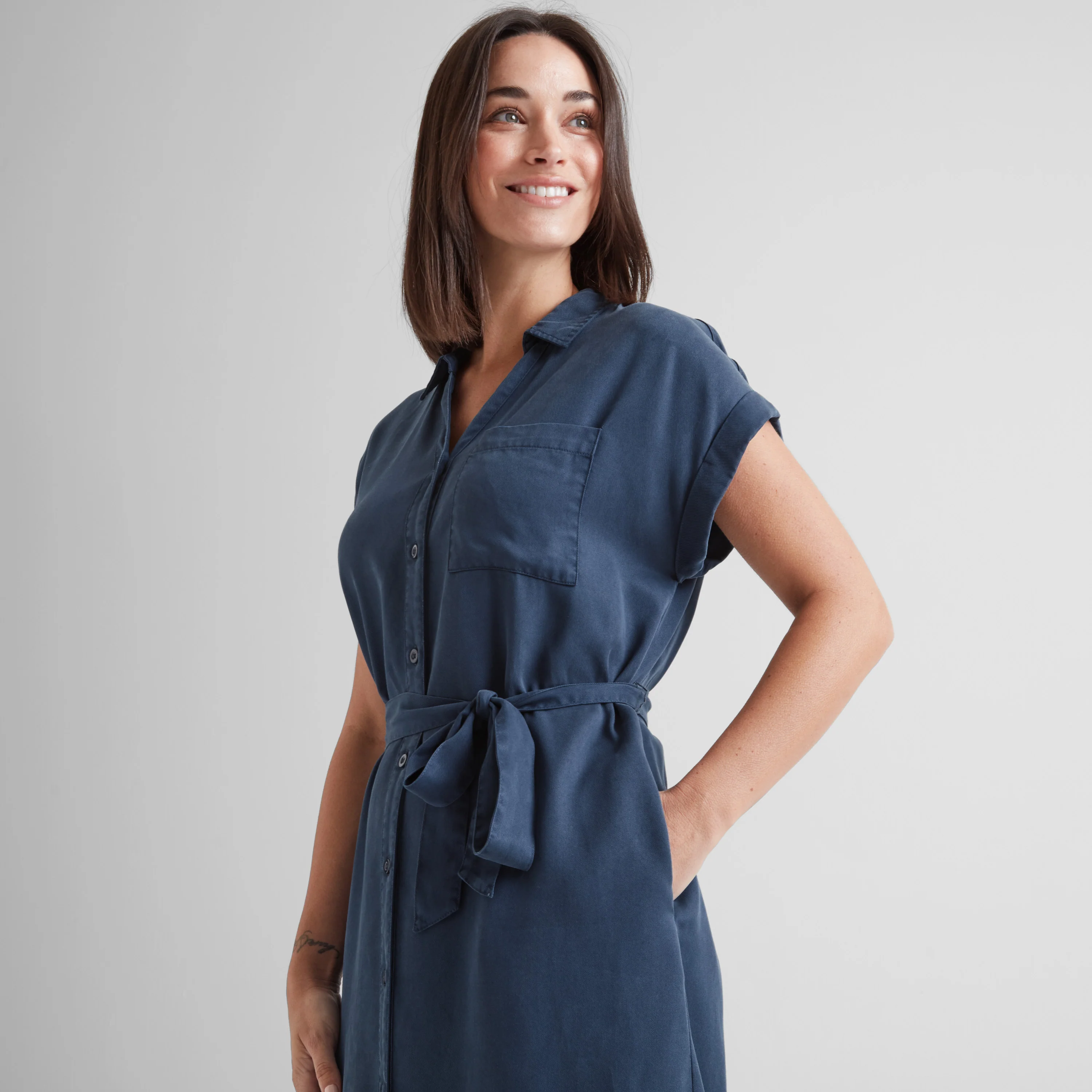 Lenira Womens Relaxed Fit Luxurious Tencel Lyocell Shirt Dress - Dark Denim - Image 5
