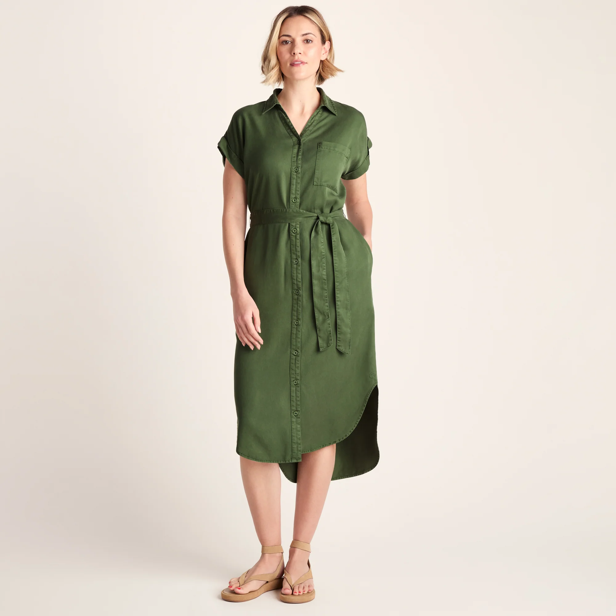 Lenira Womens Relaxed Fit Luxurious Tencel Lyocell Shirt Dress - Dark Matcha - Image 2