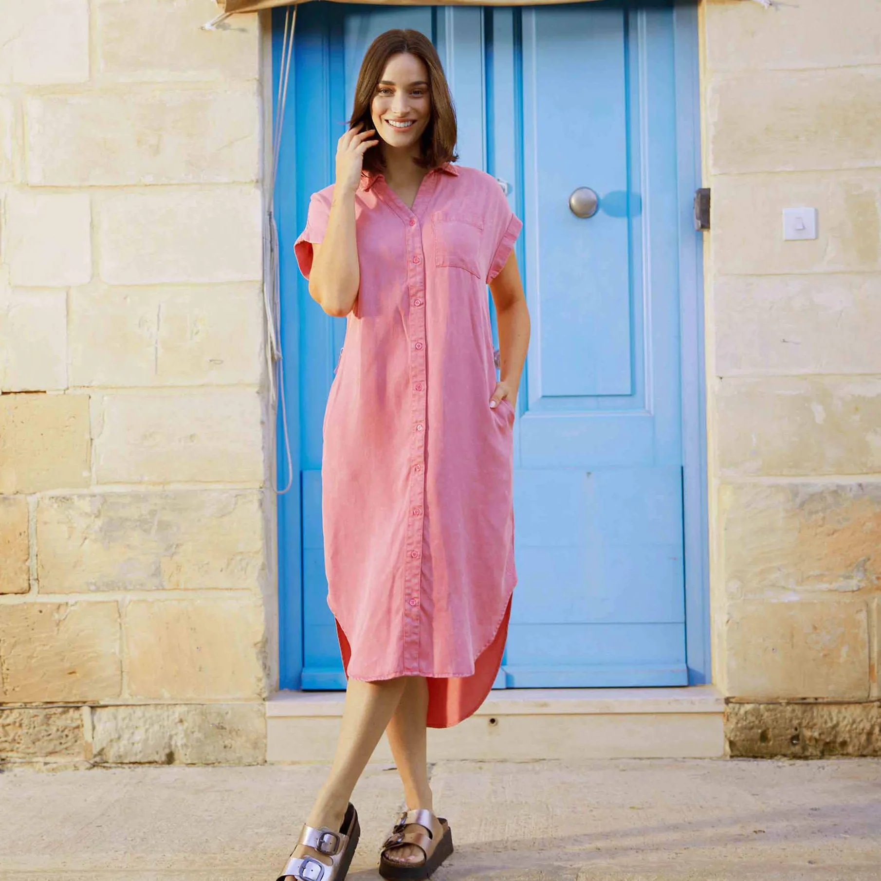 Lenira Womens Relaxed Fit Luxurious Tencel Lyocell Shirt Dress - Rose Quartz