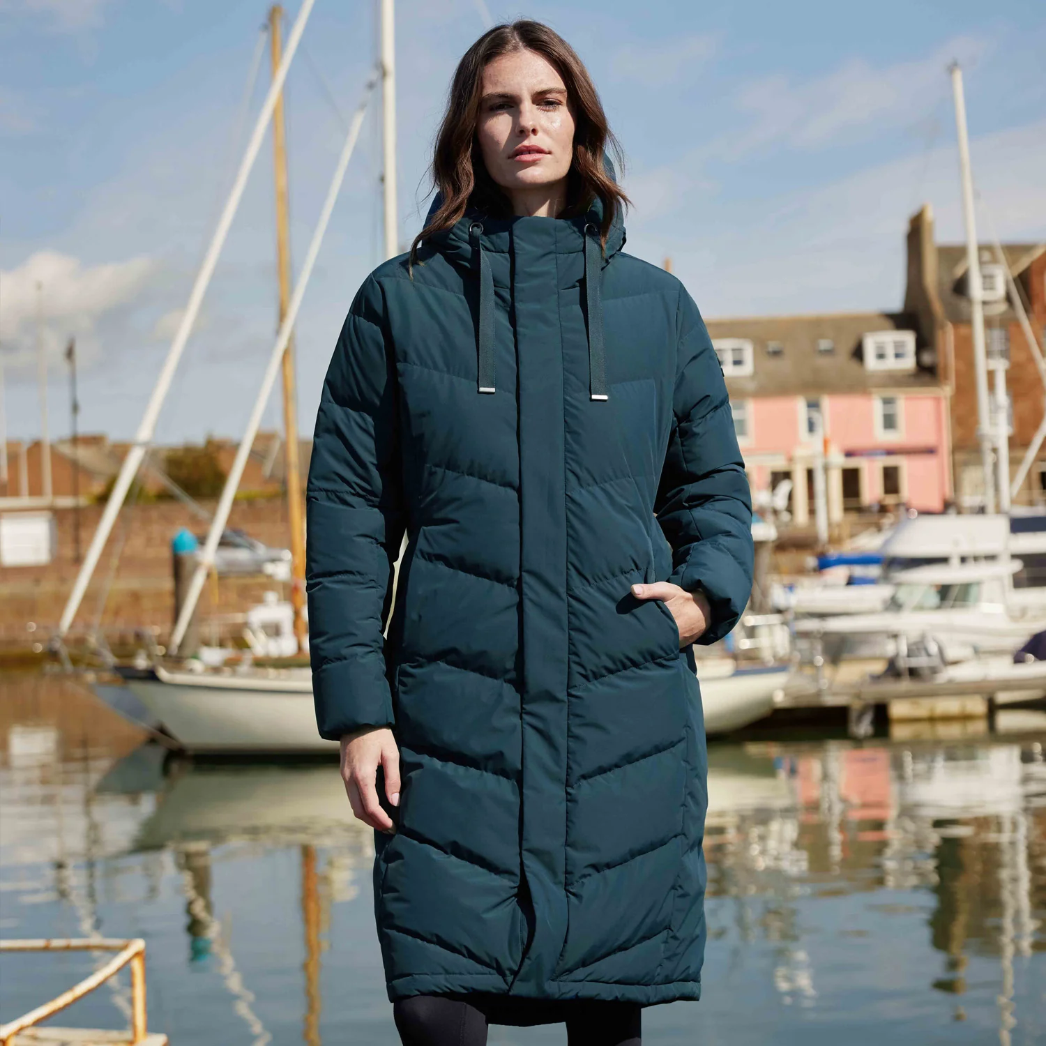 Raleigh Luxe Womens Long Shower Resistant Down Insulated Jacket - Petrol Green - Image 3